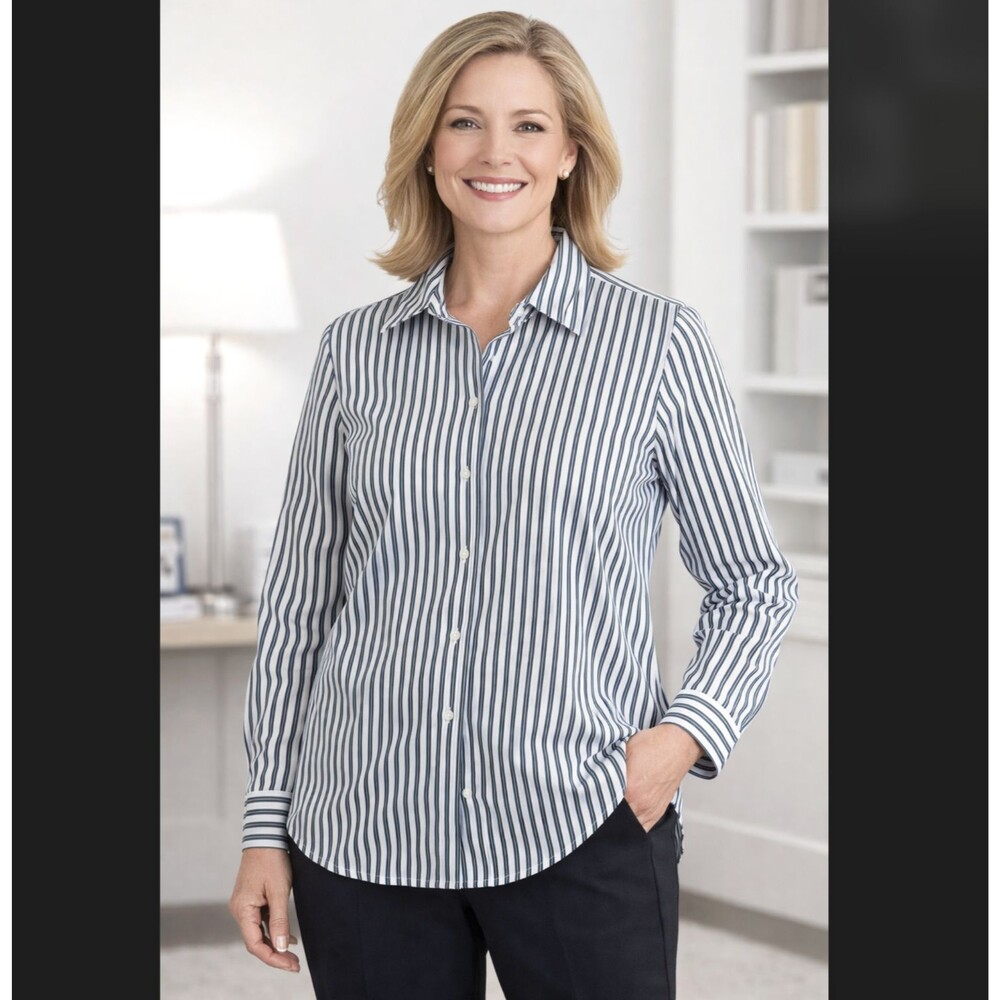 Foxcroft Appleseeds Striped Shirt 14 Shaped Button Down Wrinkle Free Long Sleeve